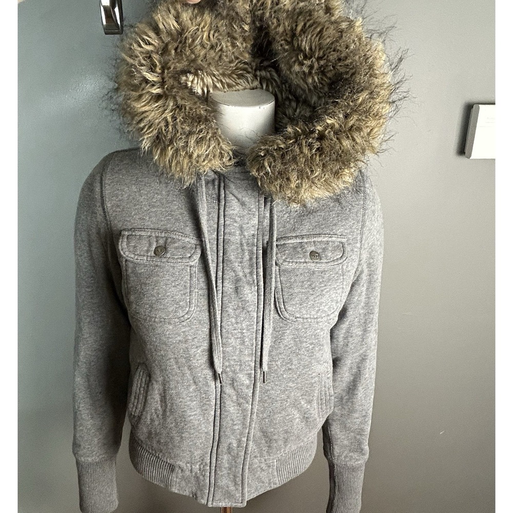 Y2K American Eagle‎ Faux Fur Hooded Bomber Jacket Gray Sherpa Size XS/S Women's